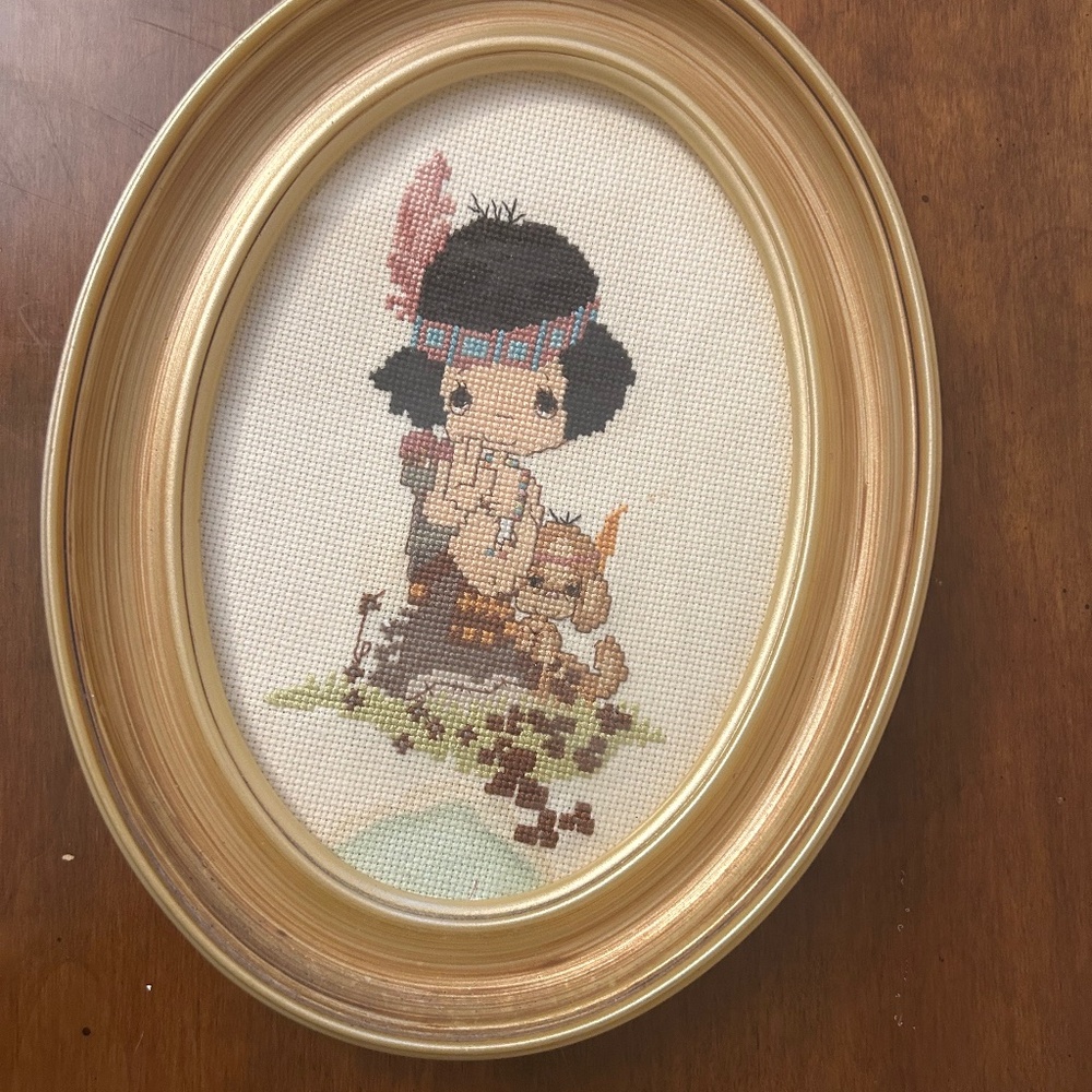 Precious Moments vintage cross stitch of a child with puppy.